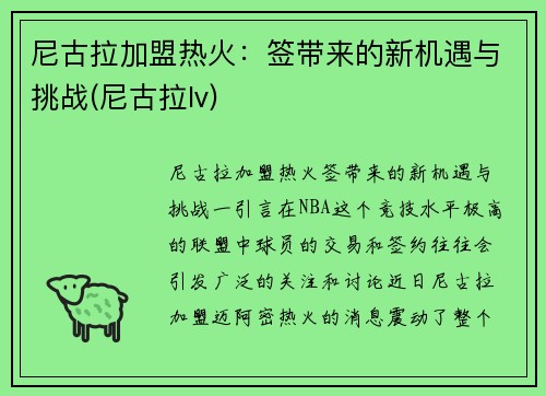 尼古拉加盟热火：签带来的新机遇与挑战(尼古拉lv)