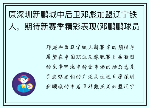 原深圳新鹏城中后卫邓彪加盟辽宁铁人，期待新赛季精彩表现(邓鹏鹏球员 申花)