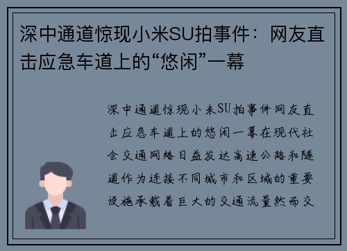 深中通道惊现小米SU拍事件：网友直击应急车道上的“悠闲”一幕