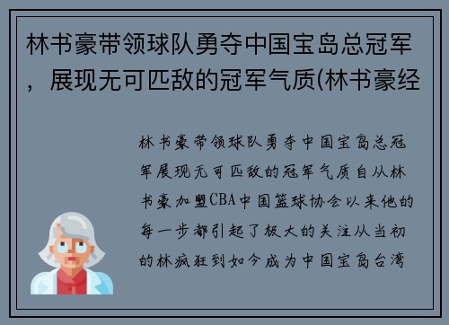 林书豪带领球队勇夺中国宝岛总冠军，展现无可匹敌的冠军气质(林书豪经典比赛)