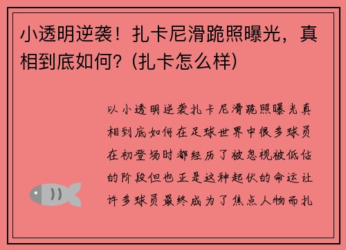 小透明逆袭！扎卡尼滑跪照曝光，真相到底如何？(扎卡怎么样)